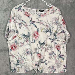 Buffalo David Bitton White Floral Crip Front Knot Short Sleeve Shirt Top Size XL